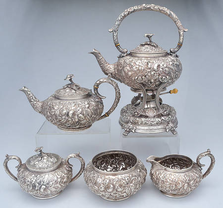 Repousse-Full Chased-Hand Chased 5 Piece Tea Set (STP, SCR, SSU, SWB, SKES)
