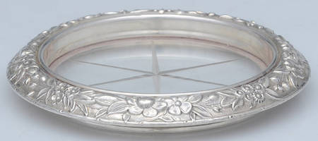 Repousse-Full Chased-Hand Chased Crystal Coaster with Sterling Rim
