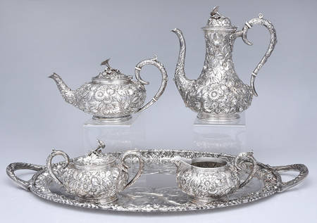 Repousse-Full Chased-Hand Chased 5 Piece Tea Set (SCP, STP, SCR, SSU, WT20)