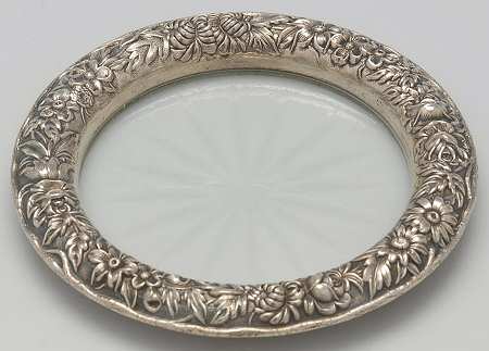 Repousse-Full Chased-Hand Chased Crystal Coaster with Sterling Rim