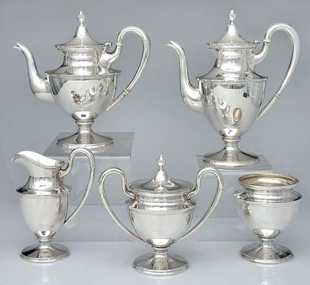 Colonial (Sterling, 0650, Hollowware) 5 Piece Tea Set (SCP, STP, SCR, SSU, SWB)