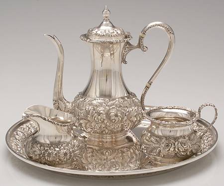 Stieff Rose (Sterling, 1892, Hollowware) 4 Pc Demitasse Set (Scpm,Scrm,Ssuom,Srt12)
