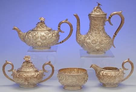 Stieff Rose (Sterling, 1892, Hollowware) 5 Piece Tea Set (CP4, TP4, CR4, SU4, WB4)