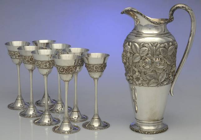 Stieff Rose (Sterling, 1892, Hollowware) 9 Pc Ewer Set (1 Ewer, 8 Wine)