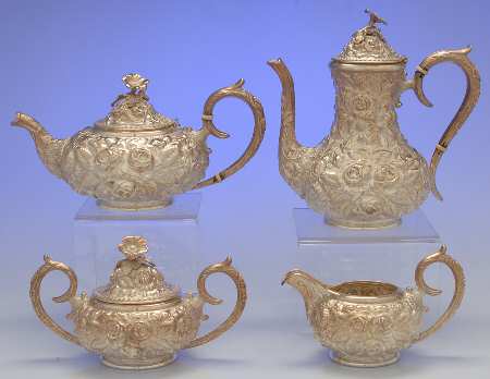 Stieff Rose (Sterling, 1892, Hollowware) 4 Piece Tea Set (CP4, TP4, CR4, SU4)