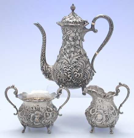 Stieff Rose (Sterling, 1892, Hollowware) 3 Piece Mini Tea Set (CRM1,SUOM1,CPM1)
