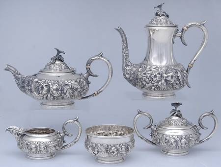 Stieff Rose (Sterling, 1892, Hollowware) 5 Piece Tea Set (SCP1, STP1, SCR1, SSU1, SWB1)