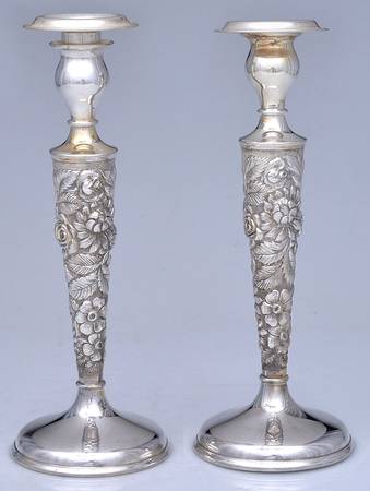Stieff Rose (Sterling, 1892, Hollowware) Pair of Weighted Candlesticks with Bobeche