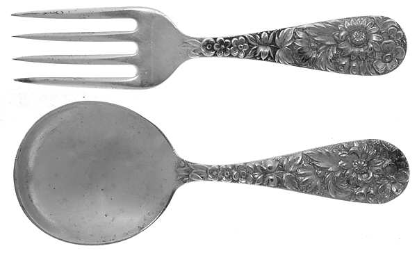 Repousse (Sterling, 1924, S.Kirk & Son, Inc.) Small 2 Piece Baby Set (Fork, Spoon)