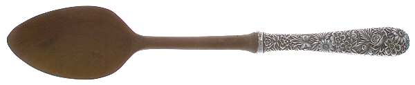 Repousse (Sterling, 1924, S.Kirk & Son, Inc.) Salad Serving Spoon with Wooden Bowl