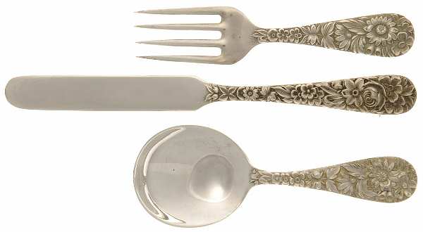 Repousse (Sterling, 1924, S.Kirk & Son, Inc.) (3 Pc)  Baby Set-Small Baby Spoon&Fork,Solid Knife