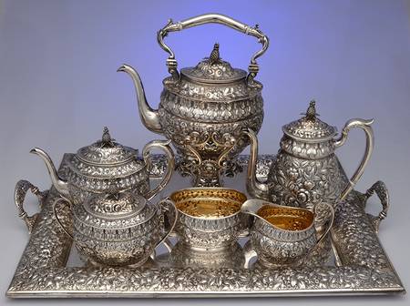 KIJ1 (Sterling, Hollowware) 7 Piece Tea Set (SCP, STP, SCR, SSU, SWB, SKES, PWT) by Kidney & Johnson
