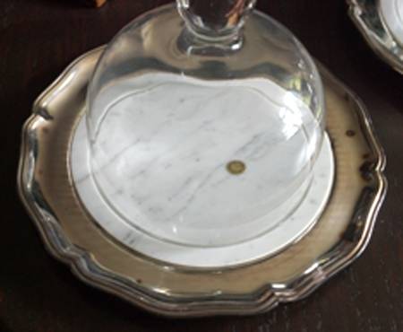 Silverplate Hollowware Cheese Dish w/Marble Base, Metal Hdls & Glass Dome