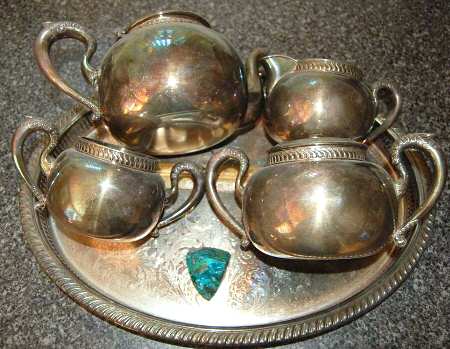 092 (Silverplate, Hollowware) 5pc Tea Set with Round Tray by Maltby, Stevens & Curtiss Co