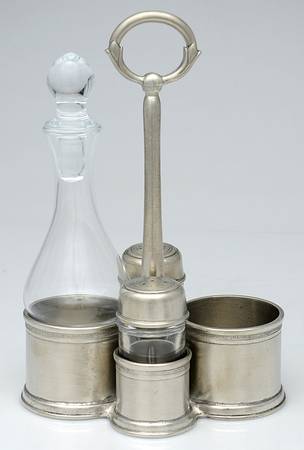 Pewter Hollowware 7 Pc Condiment Glass Bottle,Salt & Pepper & Holder