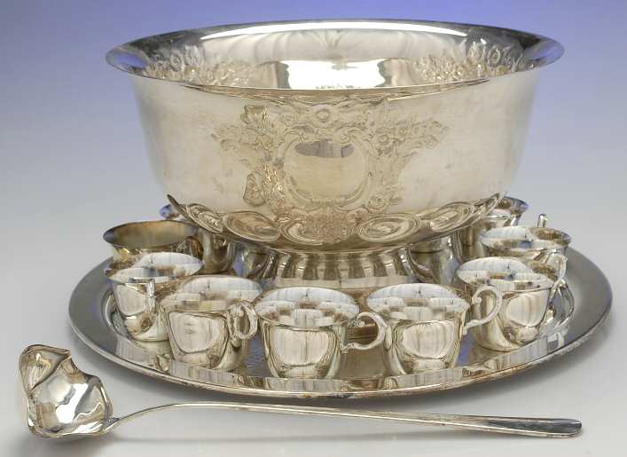 Castle Court (Silverplate, Hollowware) Punch Set-Bowl, 10 Cups, Tray & Ladle