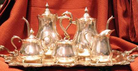 717 (Sterling, Hollowware) 5 Piece Tea Set (SCP, STP, SCR, SSU, SWB) by P A Coon Silver Mfg