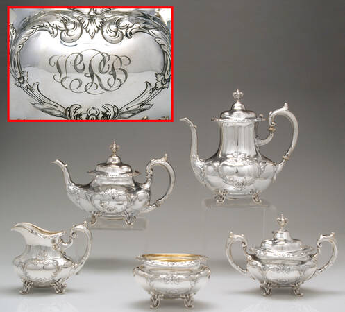 Burgundy (Sterling, Hollowware)  5 Piece Tea Set (SCP1, STP1, SCR1, SSU1, SWB1)