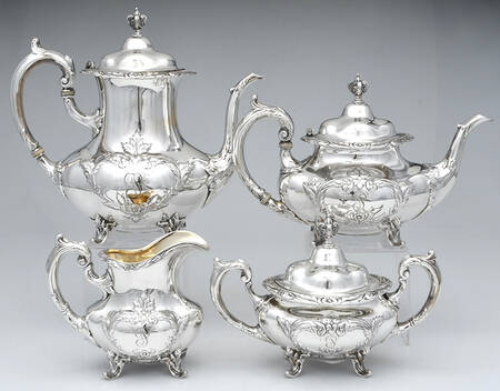 Burgundy (Sterling, Hollowware)  4 Piece Tea Set (SCP1, STP1, SCR1, SSU1)