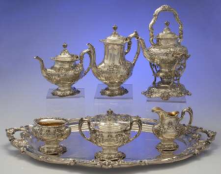 Francis I (Sterling, Hollowware, No Dates) 7 Piece Tea Set (SCP, STP, SCR, SSU, SWB, SKES & WTL)