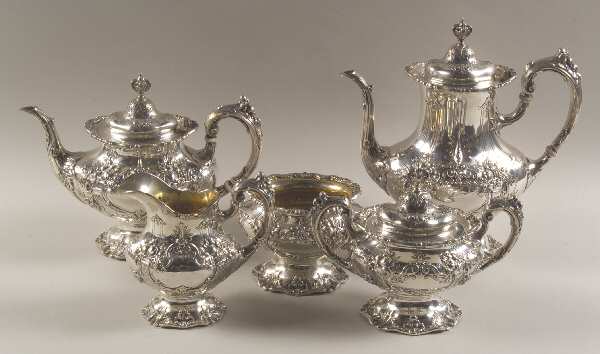 Francis I (Sterling, Hollowware, No Dates) 5 Piece Tea Set (SCP, STP, SCR, SSU, SWB)