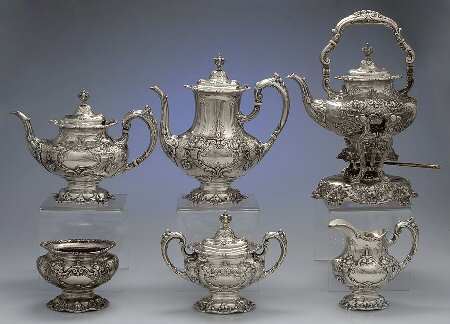 Francis I (Sterling, Hollowware, No Dates) 6 Piece Tea Set (SCP, STP, SCR, SSU, SWB, SKES)