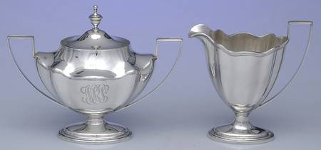 E150 (Sterling, Hollowware) Creamer & Sugar Bowl with Lid by Roger Williams