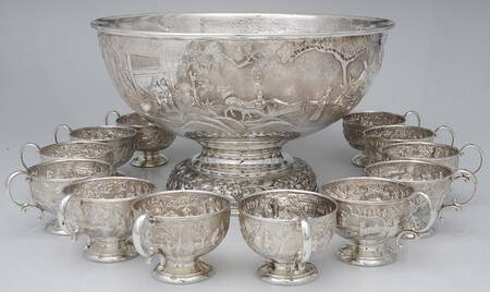 Baltimore Rose (Sterling, Hollowware) Sterling Punch Set (Bowl & 12 Cups) by Schofield
