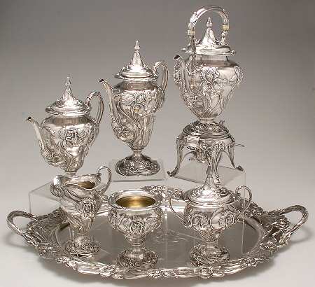 SHR13 (Sterling, Hollowware) 7 Piece Tea Set (SCP, STP, SCR, SSU, SWB, SKES & WTL)