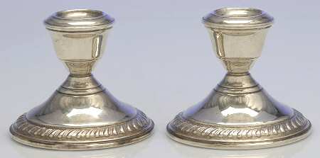 SZS1 (Sterling, Hollowware) Pair of 3" Console Candleholders by Schweitzer Silver Co