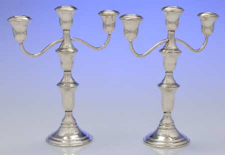 Sterling Hollowware Pair of Weighted 3 Light Candelabra by Schweitzer Silver Co