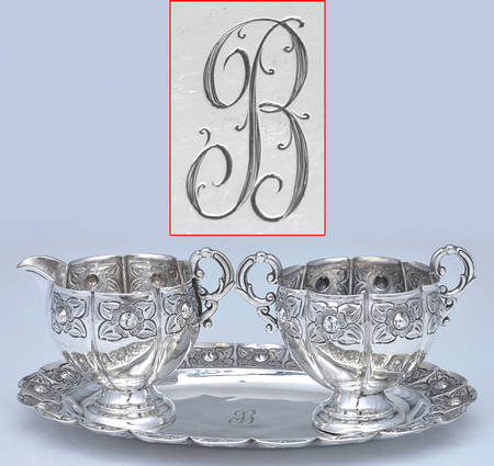 Aztec Rose (Sterling, Hollowware) Mini Creamer, Open Sugar & Tray Set