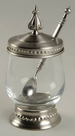 Astoria (Stainless, Hollowware) Glass Sugar with Metal Lid & Base & Spoon