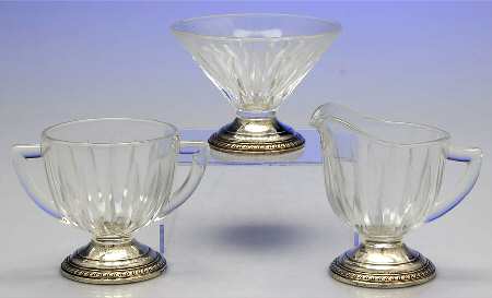 Sterling Hollowware Crystal Low Sherbet,Creamer & Open Sugar with Strling Base by Saben Silversmith