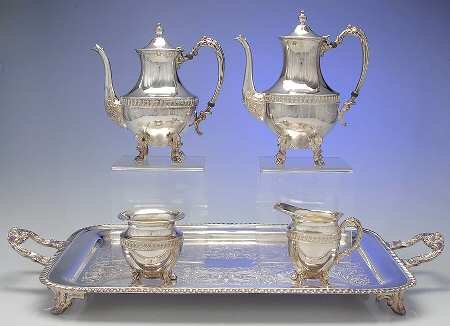 SDN19 (Silverplate, Hollowware) 5-Pc Silverplate Tea Set with Footed Tray