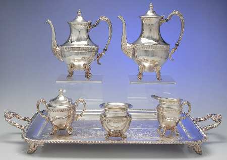 SDN19 (Silverplate, Hollowware) 6-Piece Plated Tea Set (Waste & Footed Tray)