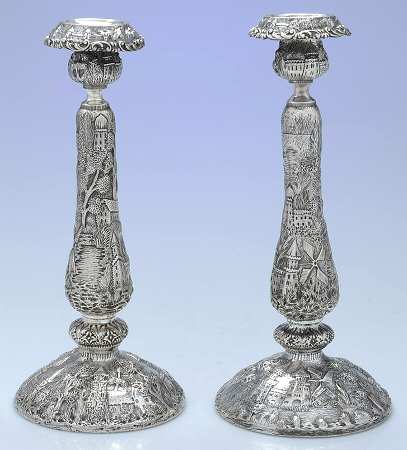 Baltimore Rose Landscape (Sterling, Hollowware) Pair of 12" Weighted Candlesticks