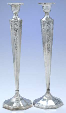 717 (Sterling, Hollowware) Pair of 16" Weighted Candlesticks by Scharling