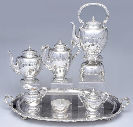 SBN12 (Sterling, Hollowware) 7 Piece Tea Set (SCP, STP, SCR, SSU, SWB, SKES & WTL)