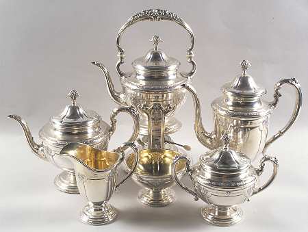 Louis XIV (Sterling, Hollowware) 6 Piece Tea Set (SCP, STP, SCR, SSU, SWB, SKES)