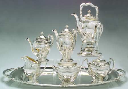 Paul Revere (Sterling, Hollowware) 7 Piece Tea Set (SCP, STP, SCR, SSU, SWB, SKES & WTL)