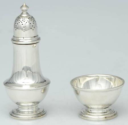 Queen Anne (Sterling, 1870, Hollowware) Open Salt Master & Pepper Shaker Set