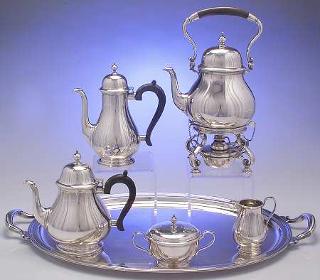Queen Anne (Sterling, 1870, Hollowware) 6 Piece Tea Set (SCP, STP, SCR, SSU, SKES, WTL)