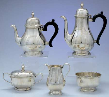 Queen Anne (Sterling, 1870, Hollowware) 5 Piece Tea Set (SCP, STP, SCR, SSU, SWB)