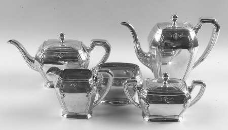 Lady Mary (Sterling, 1917, Hollowware) 5 Piece Tea Set (SCP, STP, SCR, SSU, SWB)