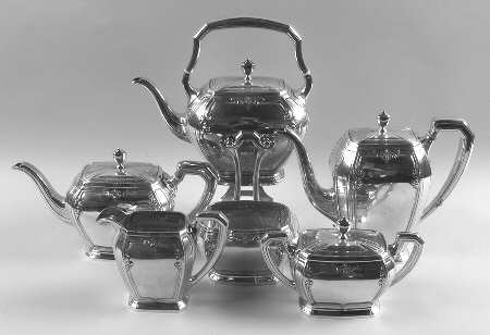 Lady Mary (Sterling, 1917, Hollowware) 6 Piece Tea Set (SCP, STP, SCR, SSU, SWB, SKES)