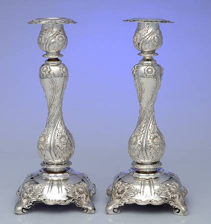 Chrysanthemum (Strl, 1880, Hlwr, 925-1000, FloralEdge) Pair of Candlesticks with Bobeche