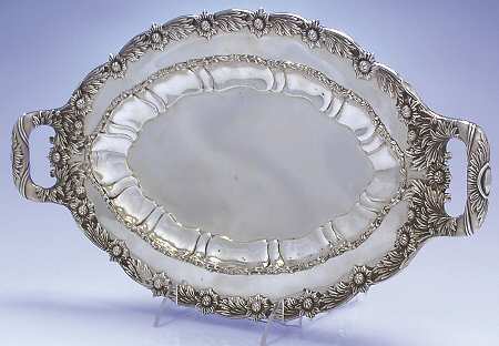 Chrysanthemum (Strl, 1880, Hlwr, 925-1000, FloralEdge) Sterling Small-Handled Oval Tray