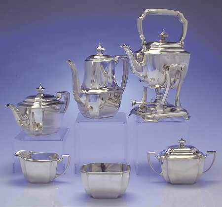 Hampton (Sterling, 1934, Hollowware) 6 Piece Tea Set (SCP, STP, SCR, SSU, SWB, SKES)