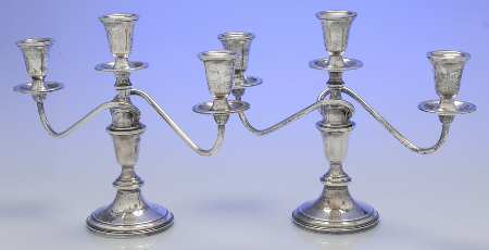 730 (Sterling, Hollowware) Pair of Weighted 3 Light Candelabra w/Drip Cups